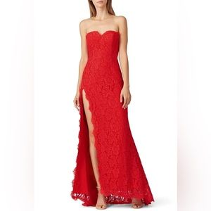 Fame & Partners Red Strapless Lace Twilight Gown Maxi Dress High Slit
